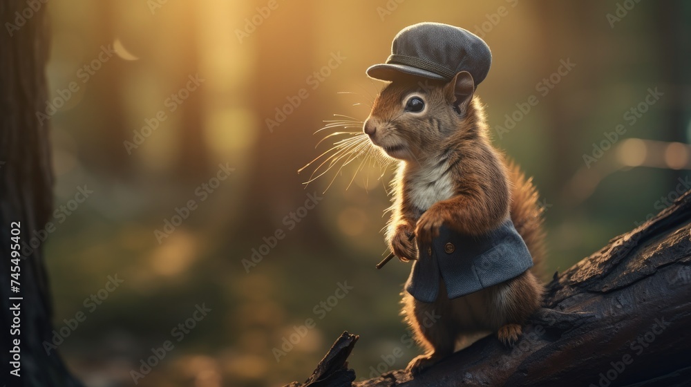 Aufkleber a squirrel with a hat and tie sitting on a tree branch. generative ai.