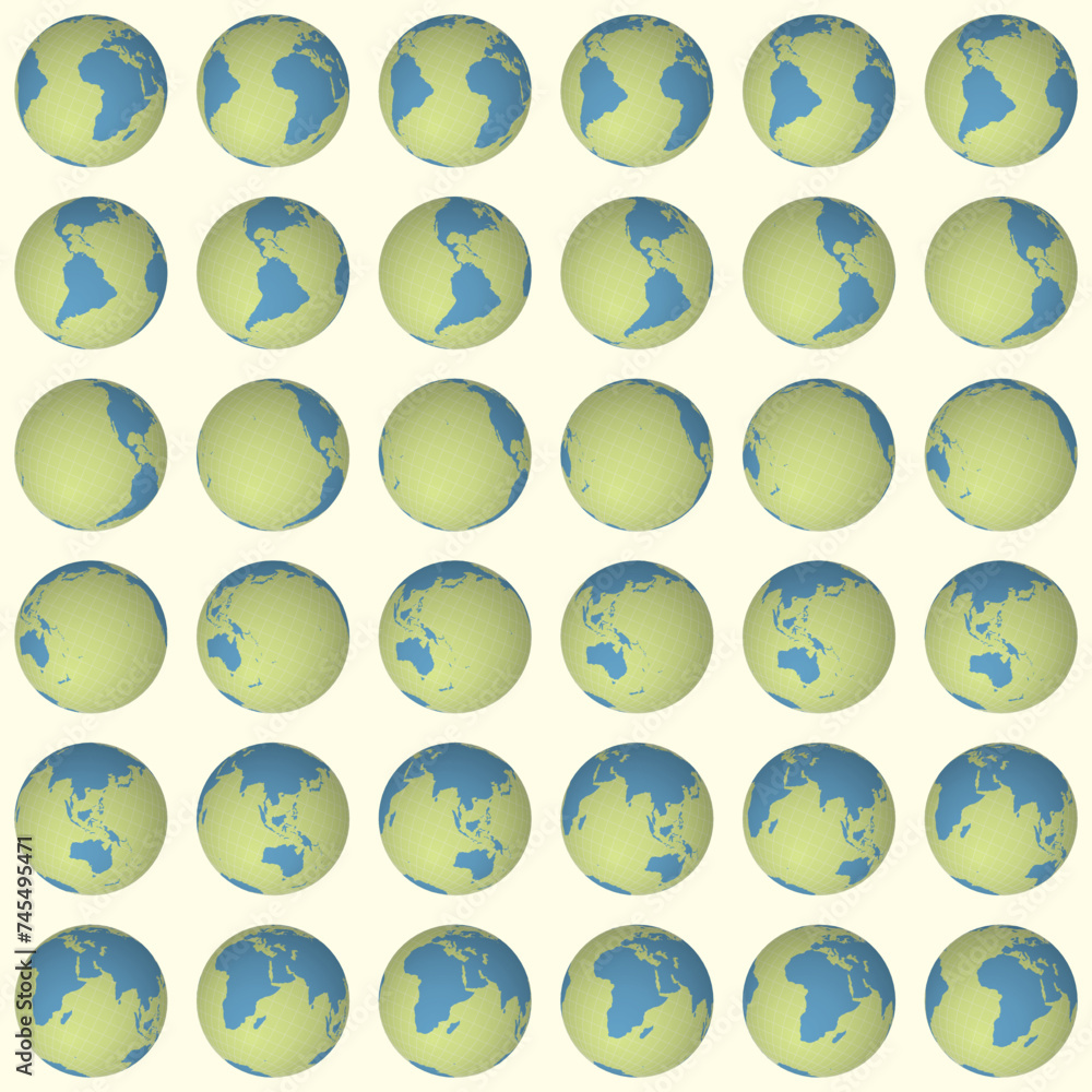Poster collection of earth globes. tilted sphere view. rotation step 10 degrees. solid color style. world m