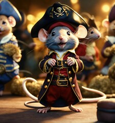 A mouse dressed as a pirate speaking to a crowd of mice who own the world