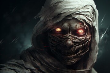 Mummy night street portrait digital art. Face zombie spooky eyes. Generate Ai
