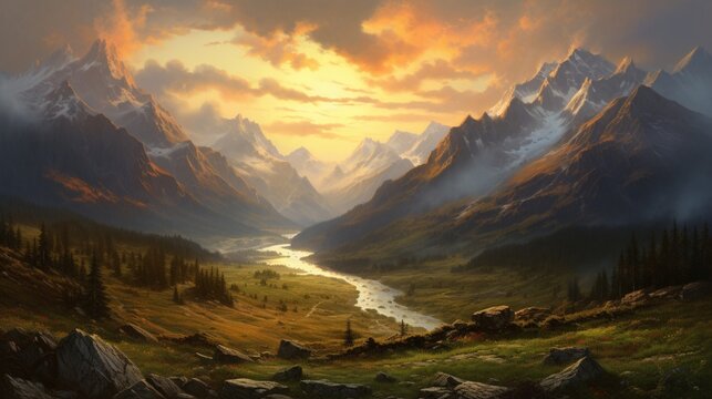 an elegant scene of a High Alpine Valley painted with the colors of a setting sun