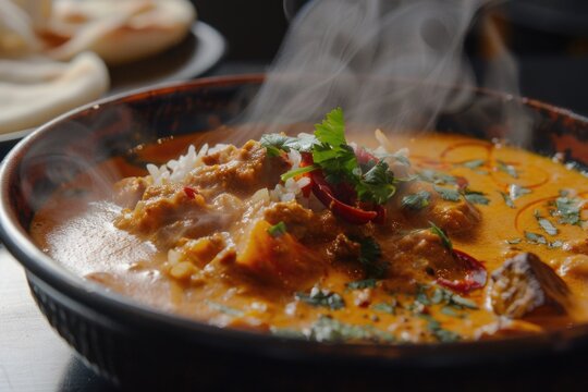 Steaming Thai Red Curry with Beef and Fresh Herbs Served in a Ceramic Bowl