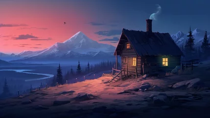 Photo sur Plexiglas Matin avec brouillard an image of a solitary mountain cabin illuminated by the soft glow of a lantern