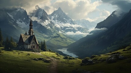an image of a solitary mountain chapel surrounded by the grandeur of High Alpine Peaks - obrazy, fototapety, plakaty