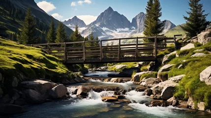 Papier Peint photo Tatras an image showcasing the simplicity of a wooden bridge over a High Alpine stream