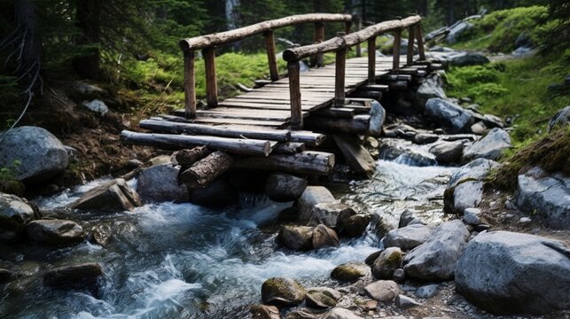 an image showcasing the simplicity of a wooden bridge over a High Alpine stream