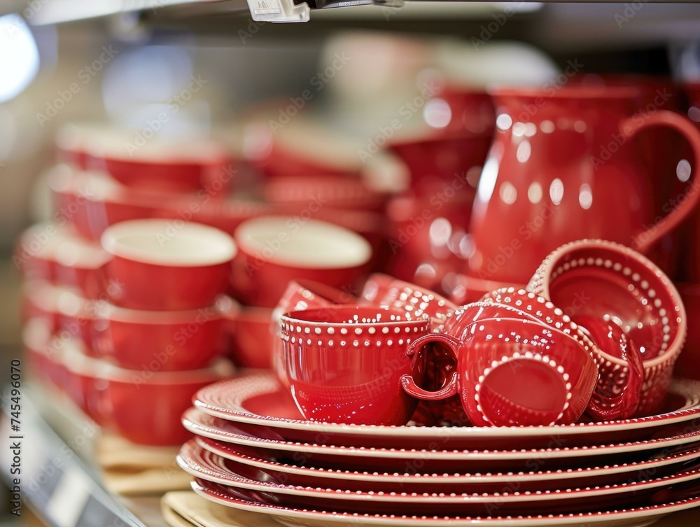 Poster a stack of red plates and cups on a shelf. generative ai.