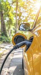 Electric car charging in the forest. Generative AI.