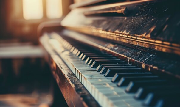 An old piano with keys and a wooden floor. Generative AI.