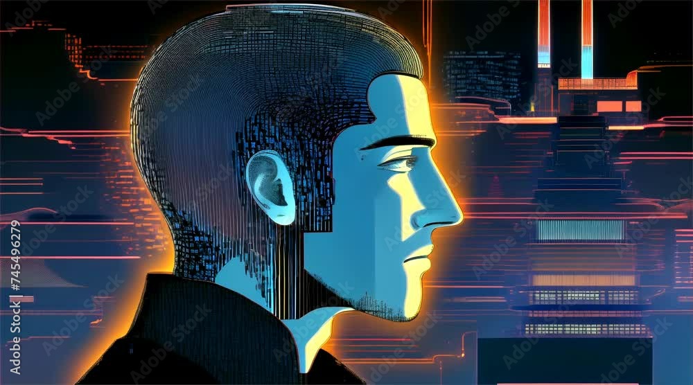 Aufkleber an intricate illustration merging a human profile with circuit board patterns, reflecting the blend 