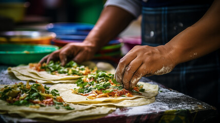 At a lively street food market, festival, or event, the skilled hands of a chef expertly craft Mexican tacos. The aroma of sizzling ingredients fills the air