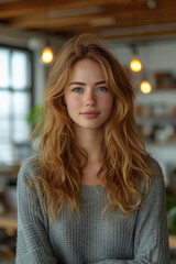 Obraz premium Young blonde woman indoors smiling gently in soft-focused modern environment 