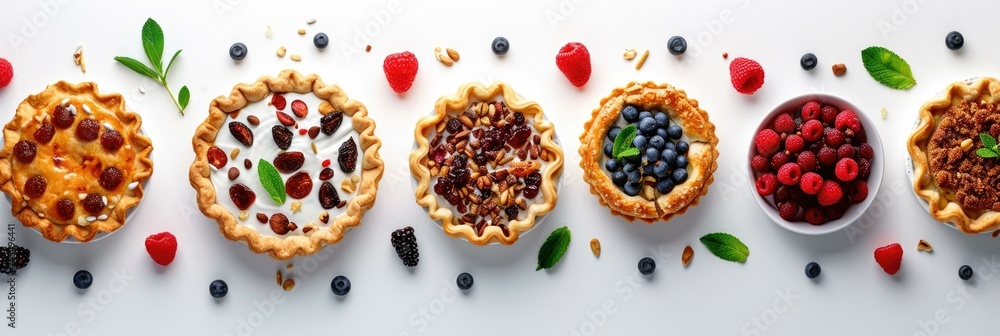 Aufkleber a row of pies with berries and nuts on a white background. generative ai.