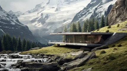 Zelfklevend Fotobehang a serene depiction of a minimalist mountain retreat in a High Alpine Valley © Wajid