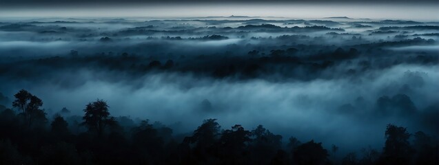 Panoramic view of a blue abstract fog mist on plain black background from Generative AI