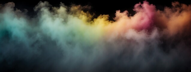 Panoramic view of a colorful abstract fog mist on plain black background from Generative AI