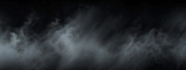 Panoramic view of a dark abstract fog mist on plain black background from Generative AI