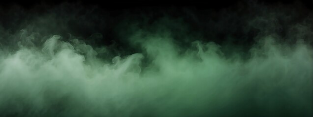 Panoramic view of a green abstract fog mist on plain black background from Generative AI