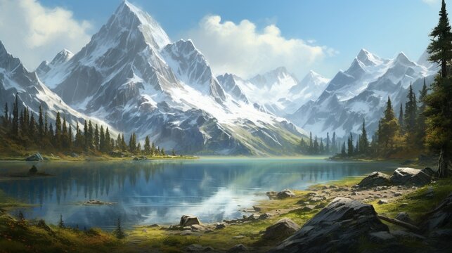 a simple and elegant representation of a High Alpine Valley with a pristine mountain lake