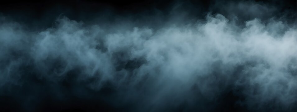 Panoramic view of a blue abstract fog mist on plain black background from Generative AI