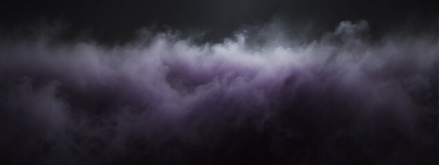Panoramic view of a purple abstract fog mist on plain black background from Generative AI