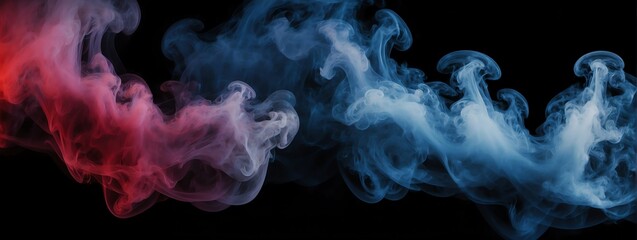 Panoramic view of a red and blue abstract fog smoke on plain black background from Generative AI