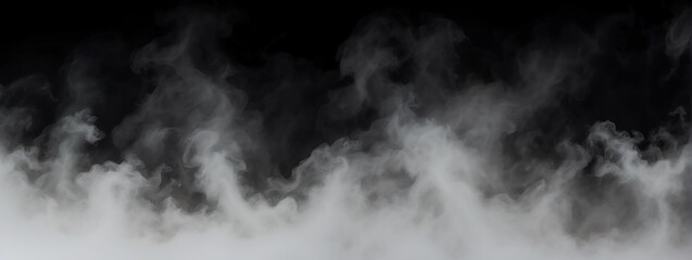 Panoramic view of a white abstract fog mist on plain black background from Generative AI - obrazy, fototapety, plakaty