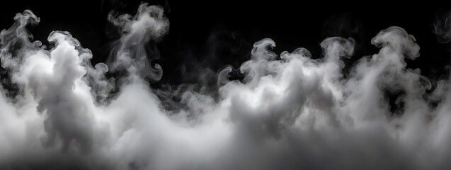 Panoramic view of a white abstract fog smoke on plain black background from Generative AI
