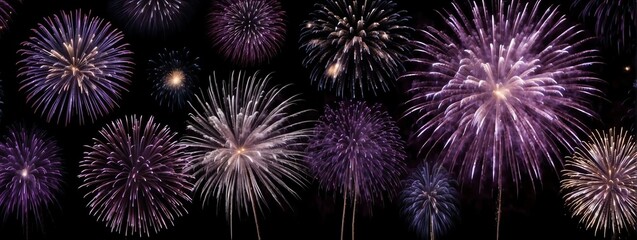Panoramic view of purple fireworks display on plain black background from Generative AI