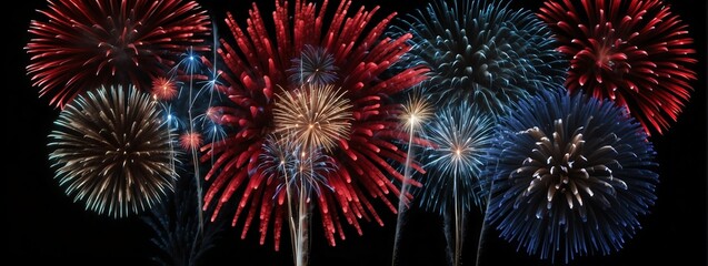 Panoramic view of red and blue fireworks display on plain black background from Generative AI