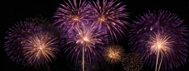 Fototapeta premium Panoramic view of purple fireworks display on plain black background from Generative AI