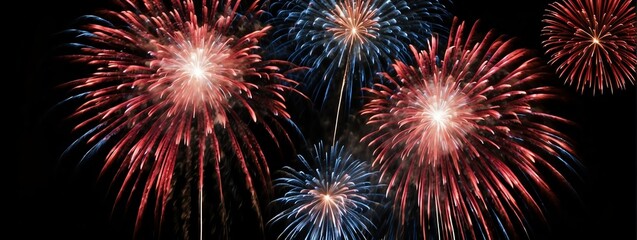Panoramic view of red and blue fireworks display on plain black background from Generative AI