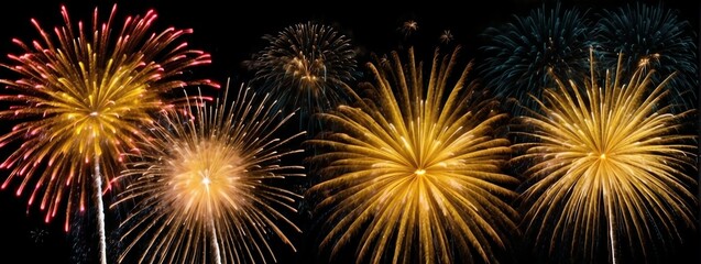 Panoramic view of yellow fireworks display on plain black background from Generative AI