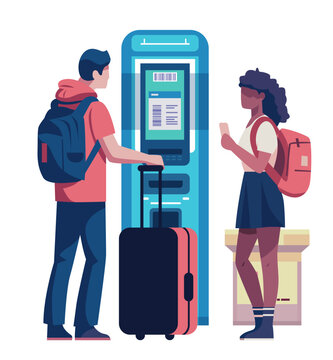 mix race passengers in arrival waiting room self check in at automatic machine or buying tickets in interactive terminal travel service concept