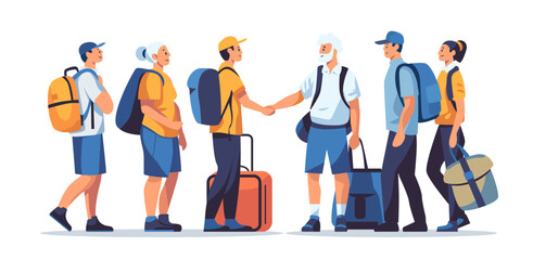 passengers with luggage standing together in line queue travel vacation concept horizontal
