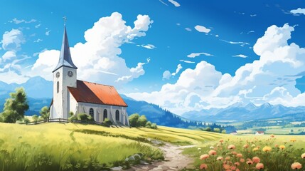 Church with blue sky in Koppl village in summer sunny day
