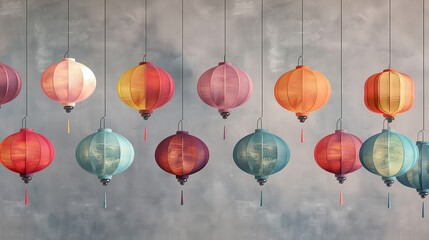 Obraz premium オリエント風の吊るされたカラフルなランタンの画像。グレー背景。 Image of colorful lanterns hung in an oriental style. Gray background. [Generative AI]