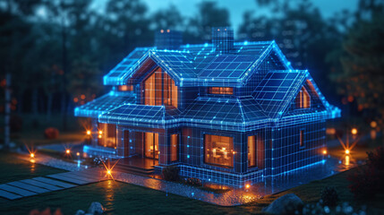  A house visualized in a digital blueprint style glows against the evening ambiance, showcasing smart home concepts.