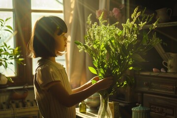 Young girl holding a vase with fresh olive branches in a warmly lit room