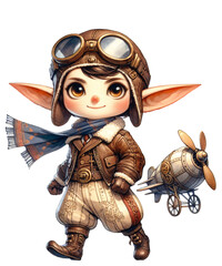 Obraz premium Airship Pilot Elf Fantasy Clipart Illustration Derivative AI Art