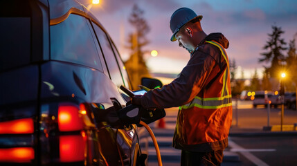 Mechanic in high vis repairs an EV charger in a parking lot under morning light. AI generative.