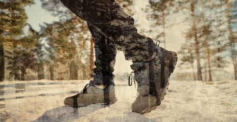Hiking shoes in winter. Double exposure image.