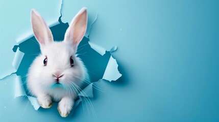 Curious Rabbit Peeking Through a Torn Blue Paper Wall. Generative ai