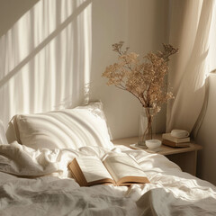 book, home, bed, beige, tones, minimalistic, sunlights, close, example, AI, generative,