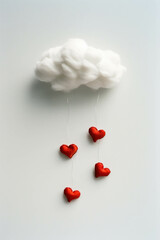 Single white cloud with three red hearts in a bright, minimalistic composition. AI generative.