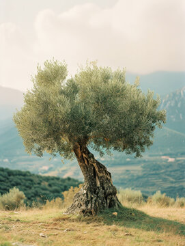 Immerse yourself in the Mediterranean landscape with this stunning Portra 400 film photo of an olive tree. AI generative.