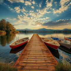 Serenity and leisure captured in panoramic view of wooden pier on lake. AI generative.