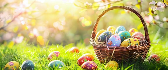 Easter Celebration with Colorful Painted Eggs in a Basket on Sunny Grass. Generative ai