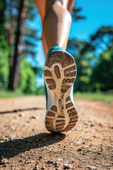 Embrace the vitality of outdoor fitness with a closeup of a young woman's shoe hitting the ground during a sunny day run. AI generative.
