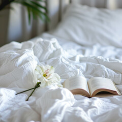 Obraz na płótnie Canvas Discover the elegance of simplicity in this cozy morning setting, showcasing a minimal bed with white sheets, a flower, and a book. AI generative.